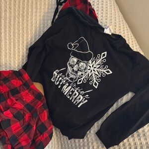 Black Graphic Long Sleeve with Red Plaid Pants